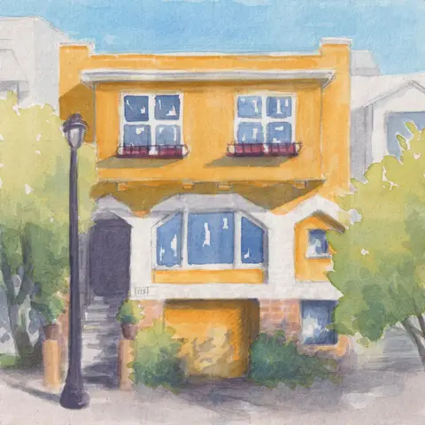 Watercolor painting of a yellow apartment building with blue windows, a small porch, and trees on either side, under a blue sky.