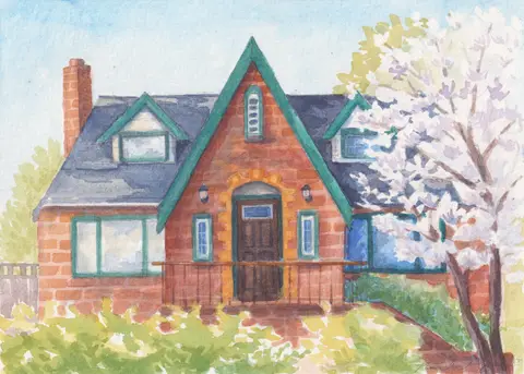 Watercolor painting of a beloved childhood home. Important details are included, including the brick house with a steep roof, green trims, and chimney, surrounded by flowering trees and green shrubbery.