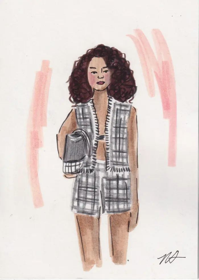 Hand-painted fashion illustration: Woman with curly hair in a plaid vest and shorts carrying a black handbag