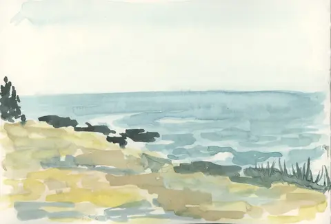 Watercolor painting of a coastal landscape with grassy foreground, rocks, and ocean waves under a light sky.