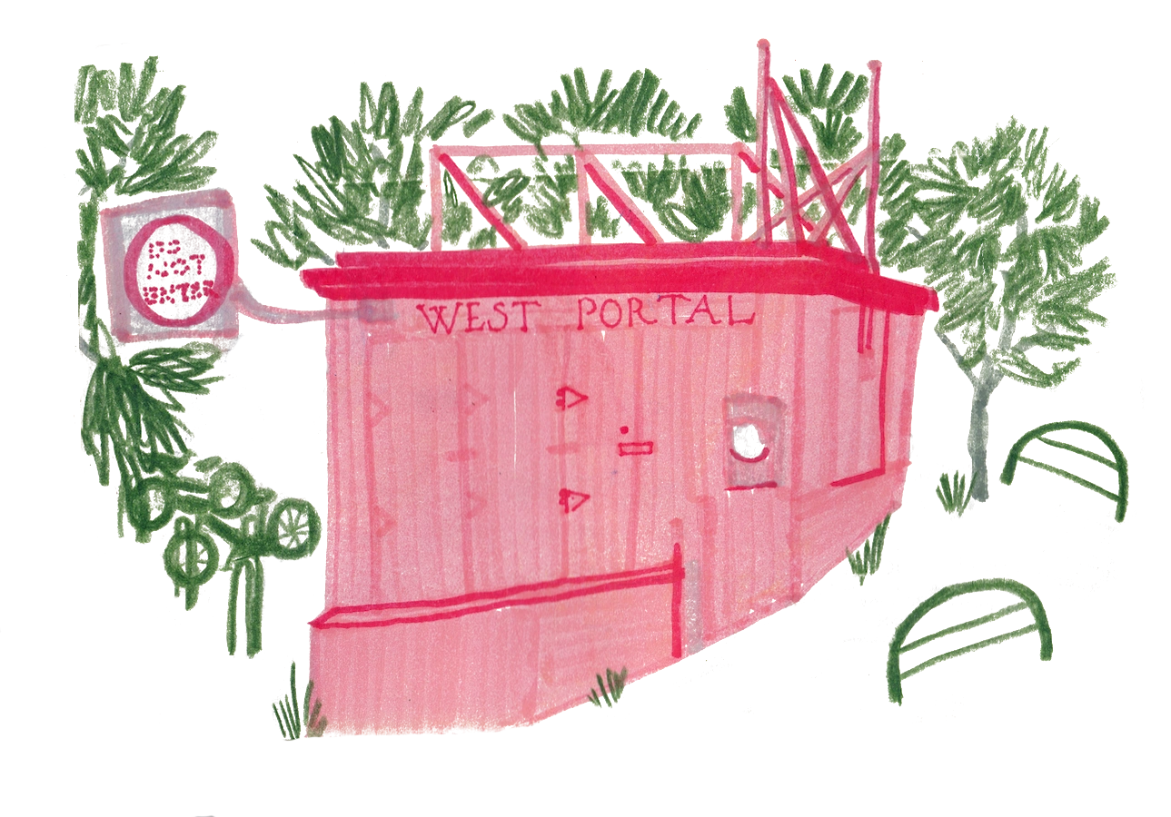 Whimsical pink and green illustration of West Portal station surrounded by trees