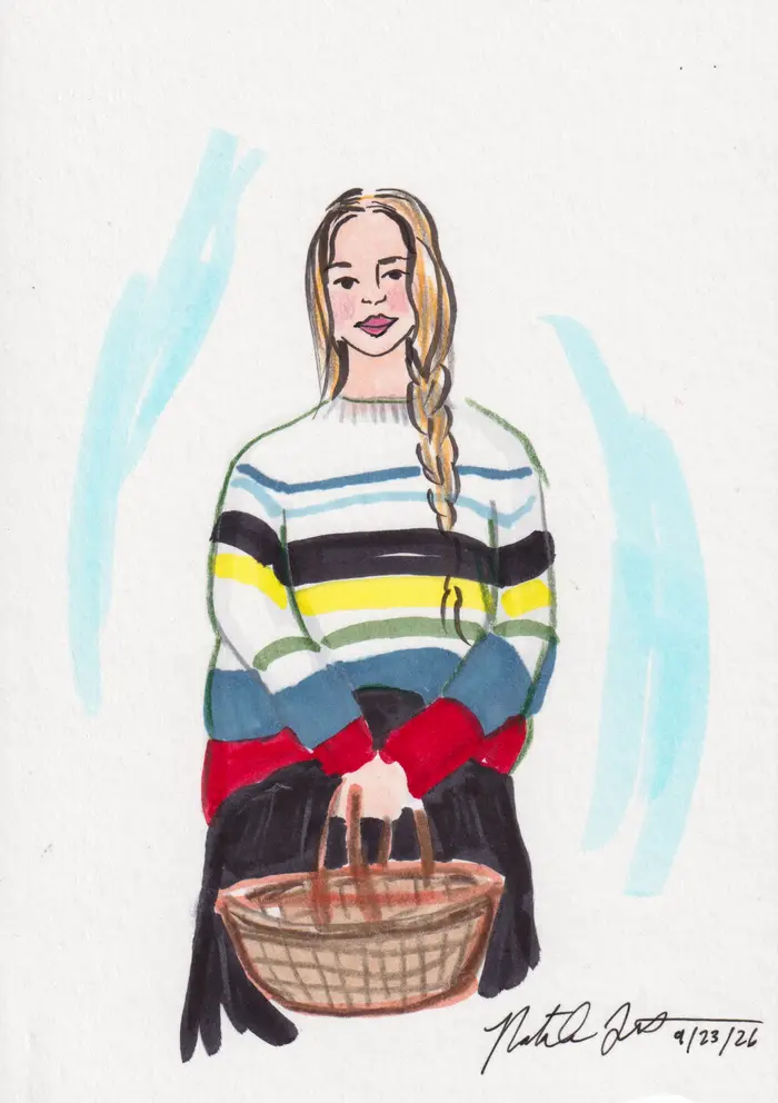 Hand-painted fashion illustration: Woman in a striped sweater holding a woven bag