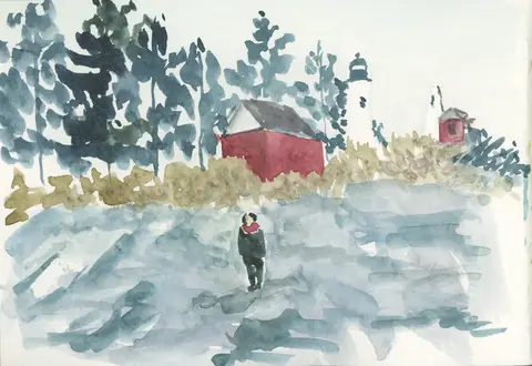 A watercolor painting of a person walking on a path near a red barn, with trees and other structures in the background.