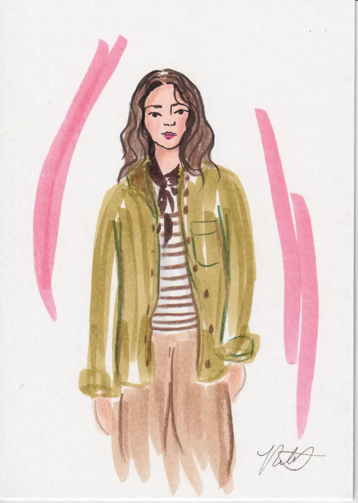 Hand-painted fashion illustration: Woman in an olive jacket and striped shirt