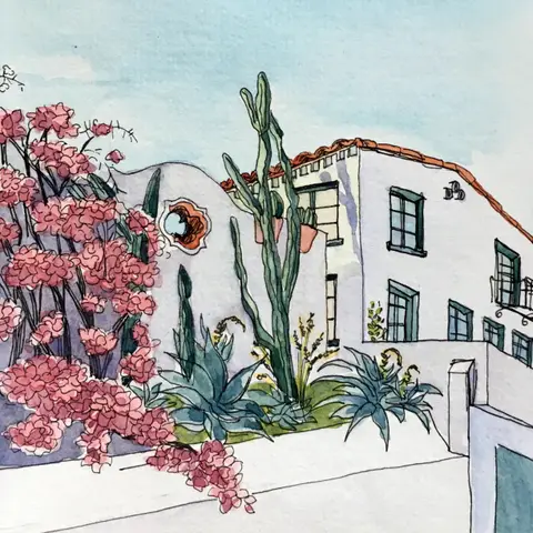 Watercolor illustration of a Mediterranean-style building with white walls, red-tiled roof, and green window frames, surrounded by a garden with pink flowering bushes, tall cacti, and succulents.
