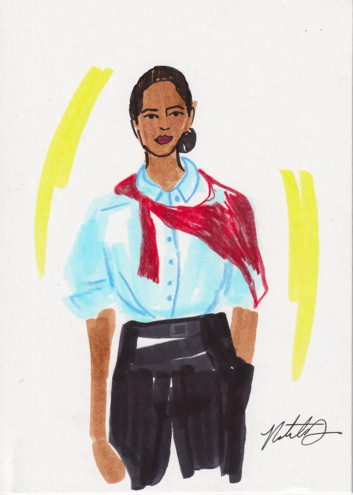 Hand-painted fashion illustration: Man in a blue shirt with a red scarf and black trousers