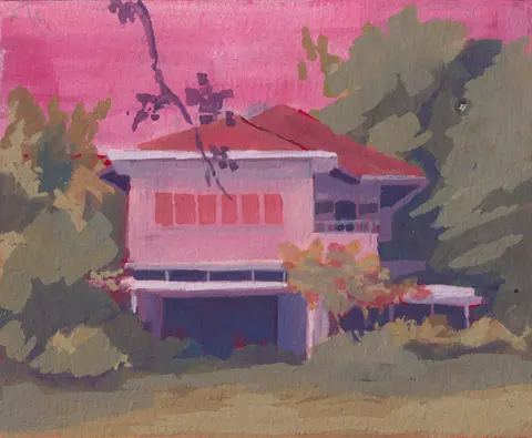 Painting of a house with a red roof surrounded by leafy trees beneath a pink sky.