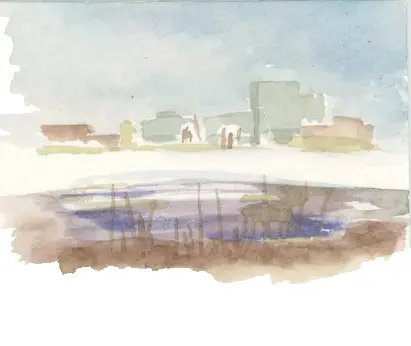 A watercolor painting of a river with boats and a city skyline in the background.