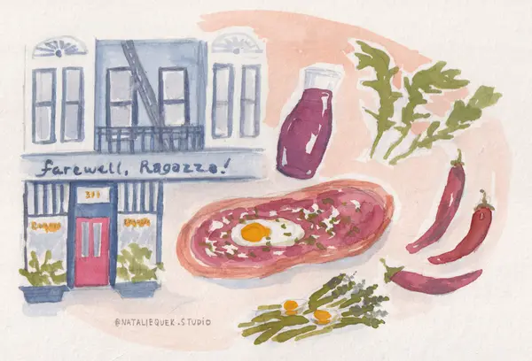 Watercolor painting of a building with a sign that says 'Farewell, Ragazza!', a bottle of soda, a fried egg on a plate, red chili peppers, and sprigs of herbs.