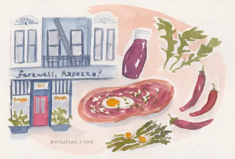 Watercolor painting of a building with a sign that says 'Farewell, Ragazza!', a bottle of soda, a fried egg on a plate, red chili peppers, and sprigs of herbs.