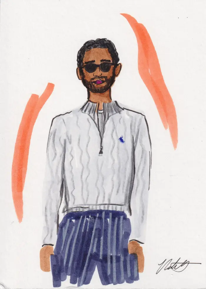 Hand-painted fashion illustration: Man in sunglasses, a gray shirt, and navy trousers