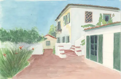 Watercolor painting of Clark Hall at Scripps College in Claremont, CA. It is a Mediterranean-style house with green shutters, a balcony, and a tiled roof, surrounded by greenery and a clear blue sky.