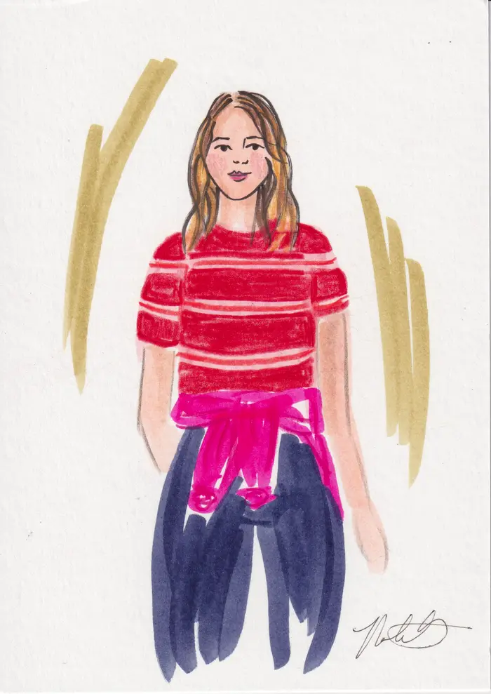 Hand-painted fashion illustration: Woman in a red striped top and navy trousers