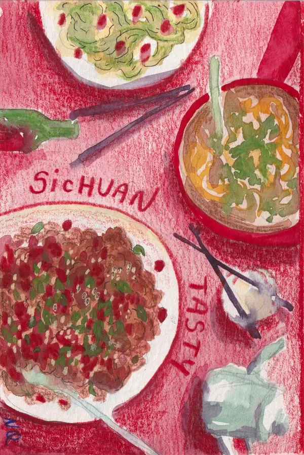 Colorful illustration of Sichuan dishes, chopsticks, and a spoon on a red table