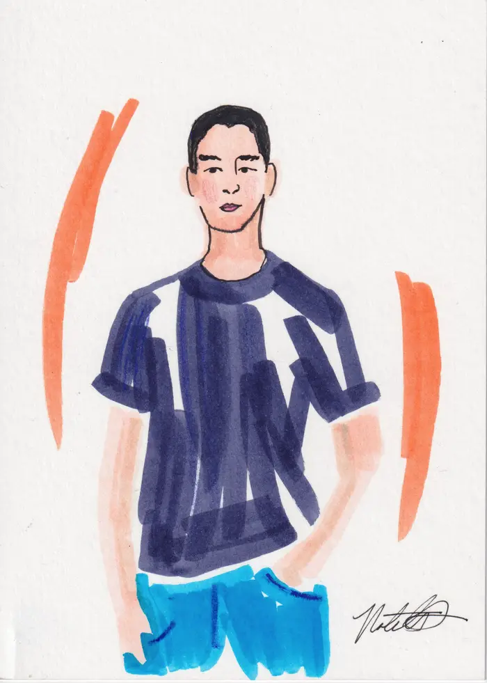 Hand-painted fashion illustration: Man in a navy shirt and turquoise shorts