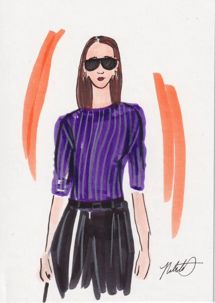 Hand-painted fashion illustration: Woman in sunglasses, a purple blouse, and a black skirt