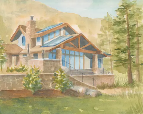 A watercolor painting of a beloved home in the mountains. The house in a natural setting with trees, a hill in the background, and a porch at the front.