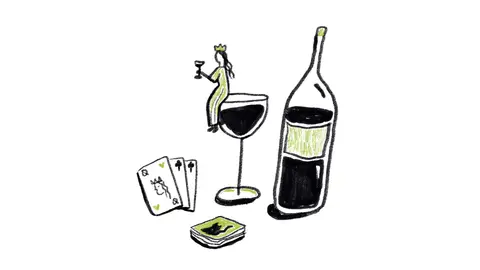 Hand-drawn collection of a wine bottle, wine glass, playing cards, and a small dish