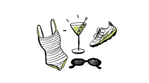 Hand-drawn collection of a cocktail, striped top, sunglasses, and sneaker