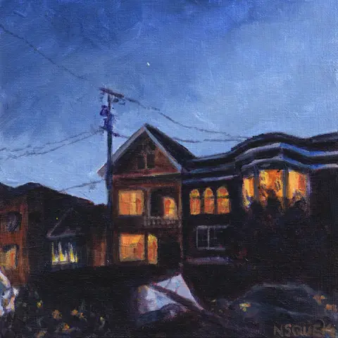 Painting of San Francisco houses at night with warmly lit windows beneath a deep blue sky