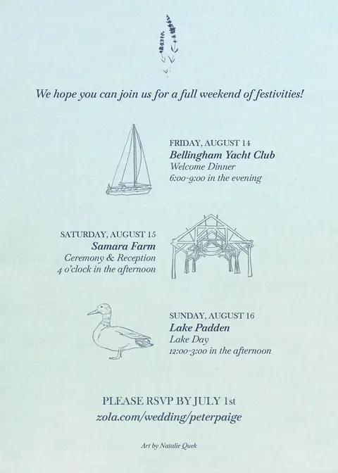 Wedding weekend stationery with small line illustrations of a sailboat, building, and pavilion