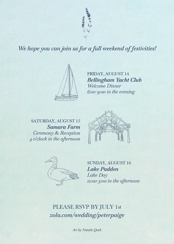 Wedding weekend stationery with small line illustrations of a sailboat, building, and pavilion
