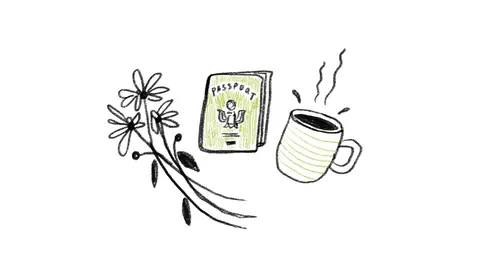 Hand-drawn collection of flowers, a book, and a steaming coffee cup