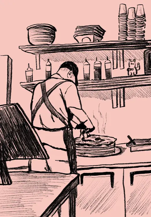 Pink and black illustration of a person cooking in a kitchen with shelves of dishes