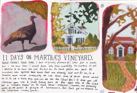 Martha's Vineyard sketchbook spread with paintings of a turkey, a white house, and a red building alongside handwritten travel notes