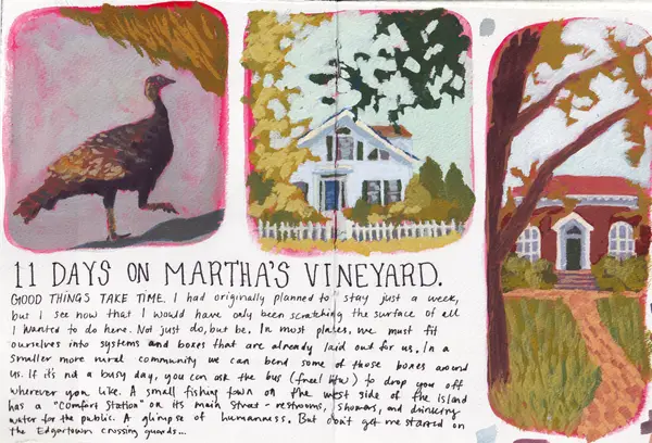 Martha's Vineyard sketchbook spread with paintings of a turkey, a white house, and a red building alongside handwritten travel notes