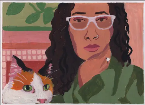 Colorful illustrated portrait of a woman in glasses with a cat and leafy plants