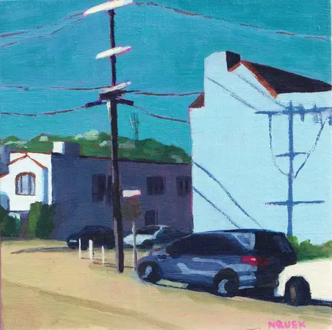 Painting of a sunny street with blue buildings, parked cars, and utility wires