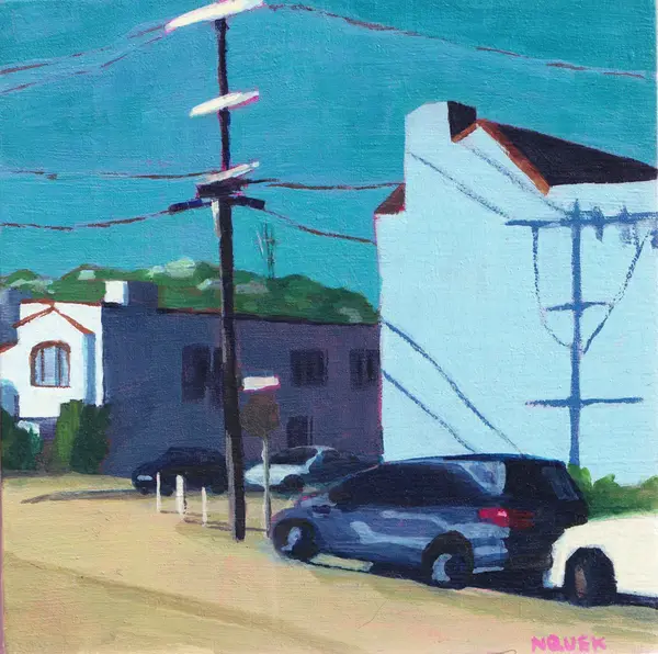 Painting of a sunny street with blue buildings, parked cars, and utility wires