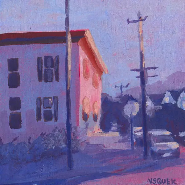 Painting of city buildings in violet and pink evening light
