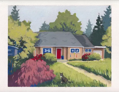 Painting of a house with a red front door, blue windows, flowering shrubs, and a cat in the garden