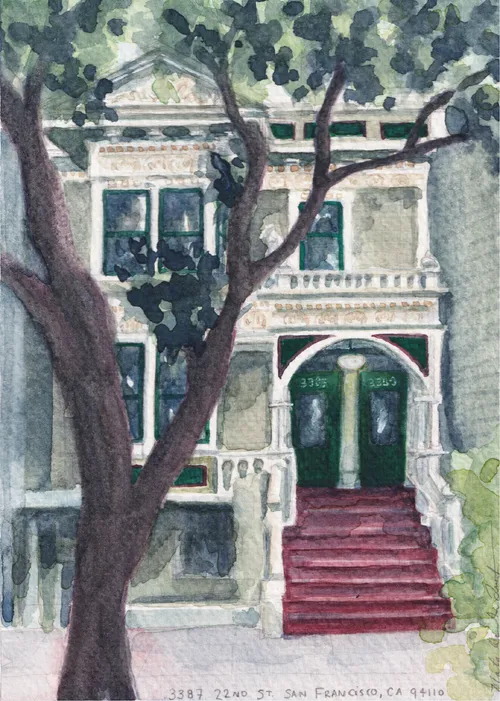 Watercolor painting of a Victorian-style house with a front porch, green door, and red stairs, partially obscured by a large tree with dark green leaves in San Francisco, California.